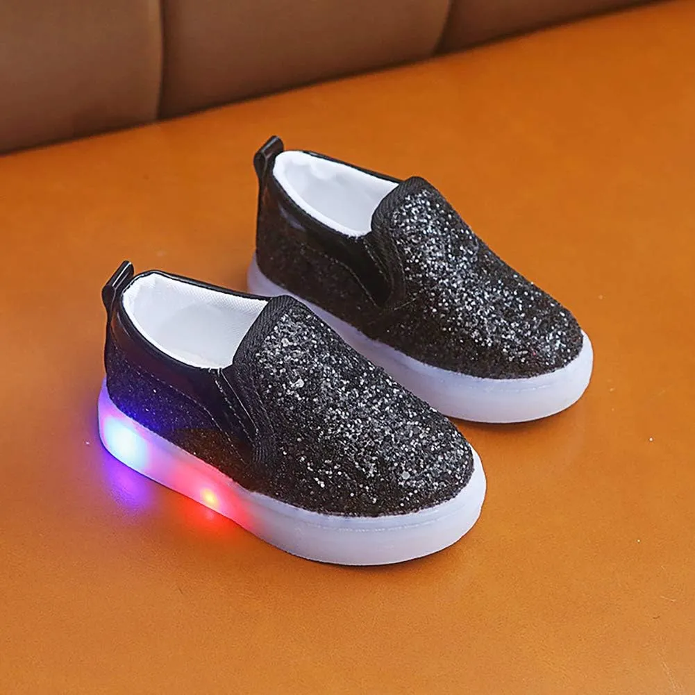 Toddler Girl's Light Up Sequins Slip On Loafers Baby Glitter Shoes Flashing LED Casual Princess Party Shoes Flat Sneakers (Toddler/Little Kid)