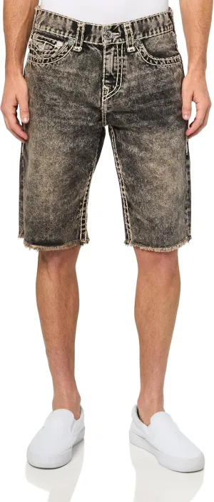 True Religion Men's Ricky Super T Flap Short with Fray Hem - Retro Active Acid Wash Denim Shorts