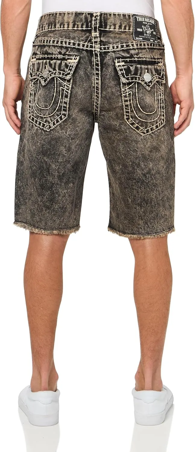 True Religion Men's Ricky Super T Flap Short with Fray Hem - Retro Active Acid Wash Denim Shorts