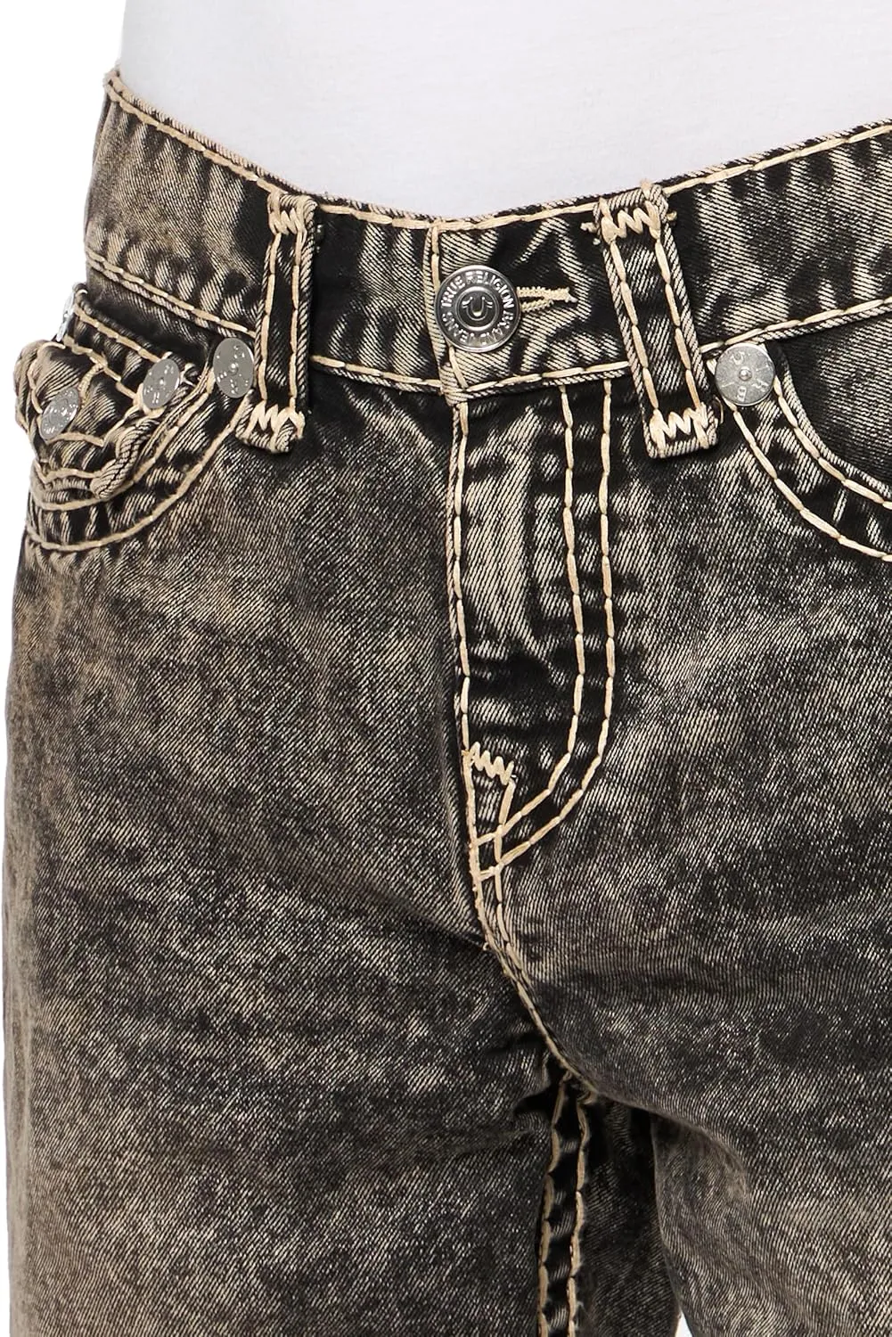 True Religion Men's Ricky Super T Flap Short with Fray Hem - Retro Active Acid Wash Denim Shorts