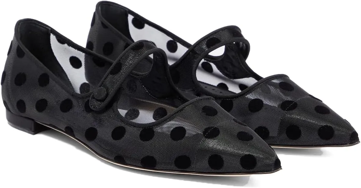 Tulle Mesh Ballet Flats for Women Polka Dots Slingback Mary Jane Flats Pointed Toe Buckle Strap Sandals Slip On Fishnet Ballerina Shoes Casual Comfortable Dress Shoes