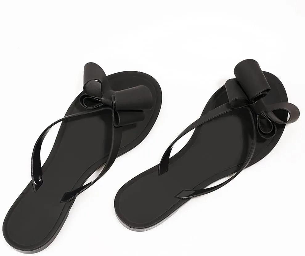 TYFLOVE Women Rivet Flip Flops Studded Jelly Thong Sandals with Bow Summer Bowtie Flat Beach Rain Shoes