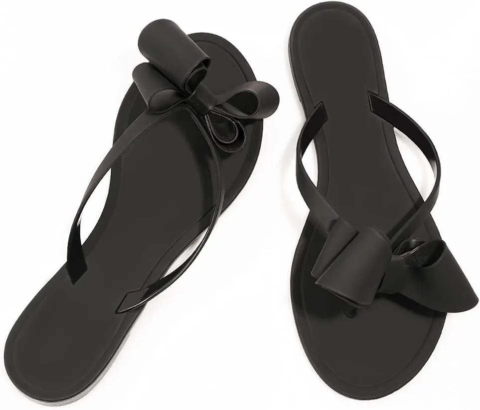 TYFLOVE Women Rivet Flip Flops Studded Jelly Thong Sandals with Bow Summer Bowtie Flat Beach Rain Shoes