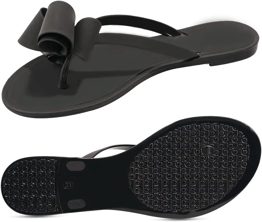 TYFLOVE Women Rivet Flip Flops Studded Jelly Thong Sandals with Bow Summer Bowtie Flat Beach Rain Shoes