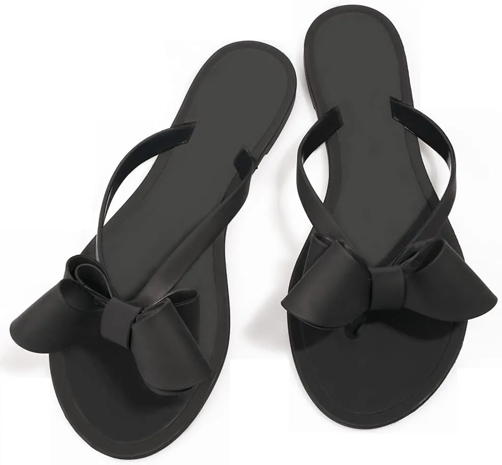 TYFLOVE Women Rivet Flip Flops Studded Jelly Thong Sandals with Bow Summer Bowtie Flat Beach Rain Shoes