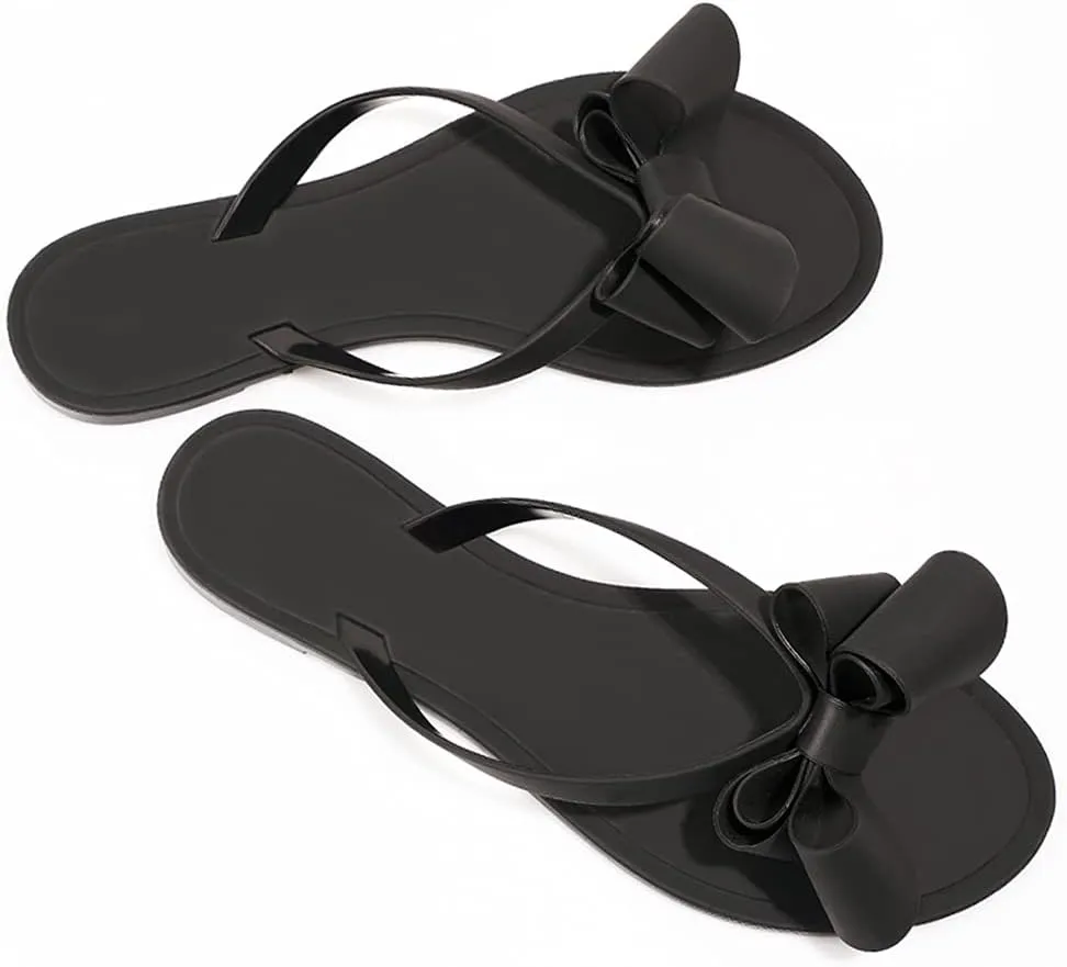TYFLOVE Women Rivet Flip Flops Studded Jelly Thong Sandals with Bow Summer Bowtie Flat Beach Rain Shoes
