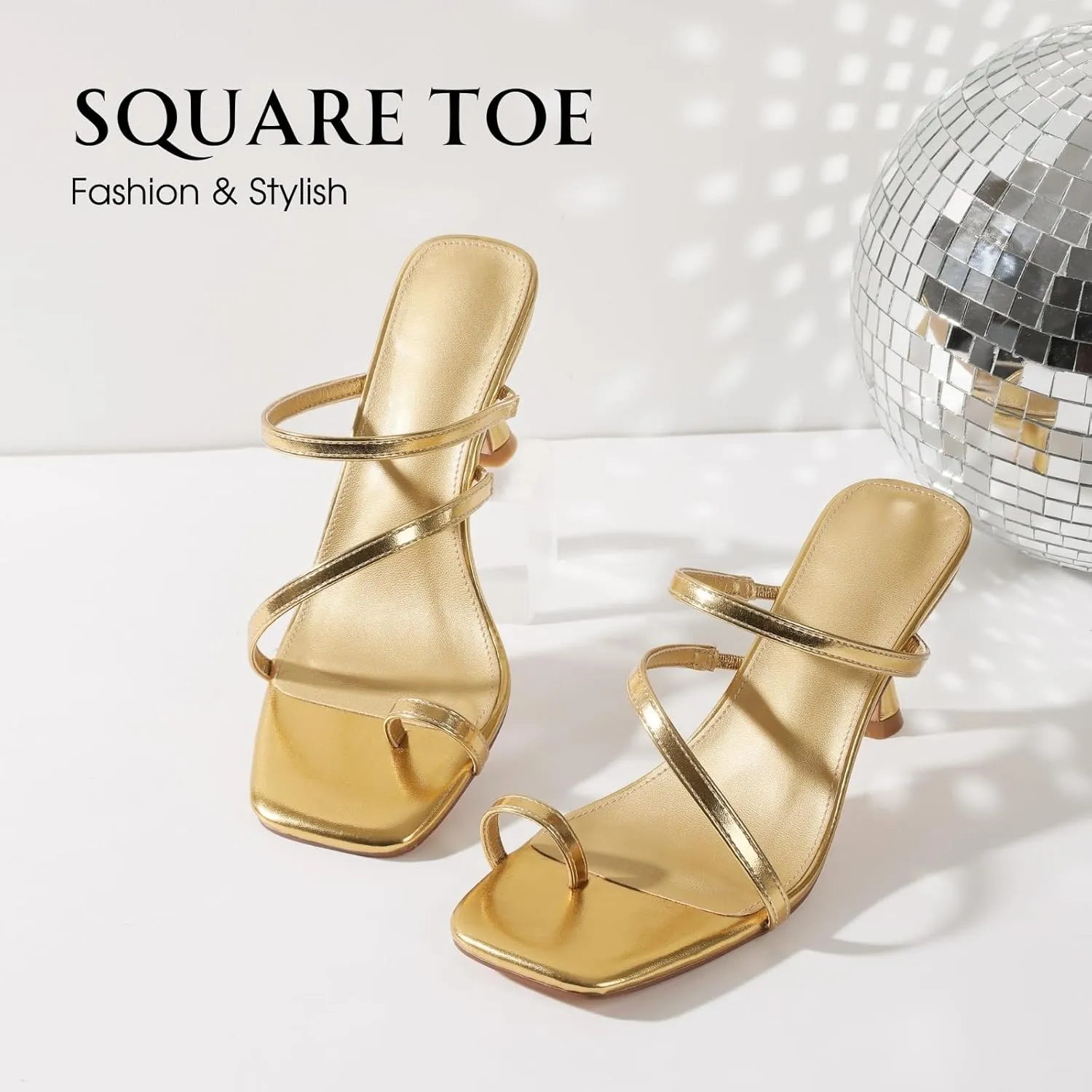 Uacllcau Strappy Kitten Heels For Women Square Open Toe Low Heels Stiletto Heeled Sandals Sexy Fashion Party Dress Slip On Slides Womens Heels