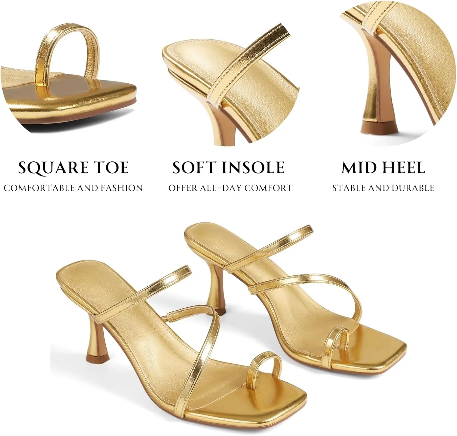 Uacllcau Strappy Kitten Heels For Women Square Open Toe Low Heels Stiletto Heeled Sandals Sexy Fashion Party Dress Slip On Slides Womens Heels