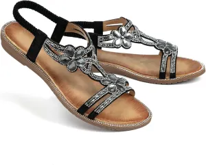 Unifizz Women's Summer Sandals Comfortable T-Strap Beaded Flower Sparkly Rhinestone Flat Elastic Sandals Dress Shoes for Outdoor Beach Wedding