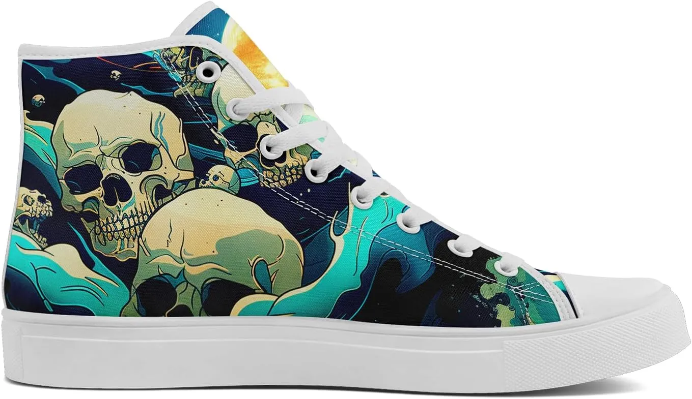 Unisex Skull High Tops Canvas Sneaker Classic Lace Up Fashion Tennis Shoes Casual Flat Walking Shoes