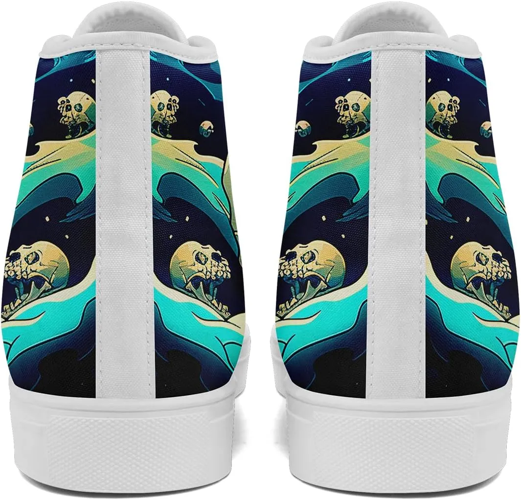 Unisex Skull High Tops Canvas Sneaker Classic Lace Up Fashion Tennis Shoes Casual Flat Walking Shoes