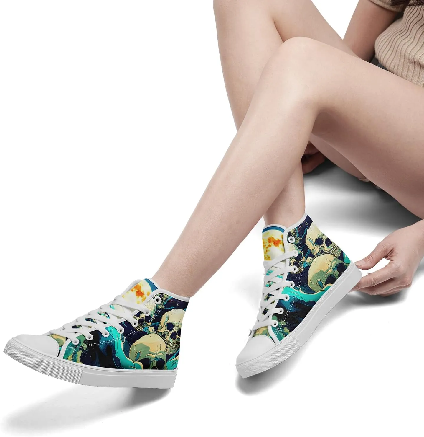 Unisex Skull High Tops Canvas Sneaker Classic Lace Up Fashion Tennis Shoes Casual Flat Walking Shoes