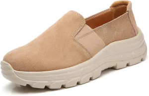 URLECHS Women's Leather Round Toe Platform Loafers Casual Fashion Slip On Low Top Sneakers Lightweight Comfortable Walking Shoes