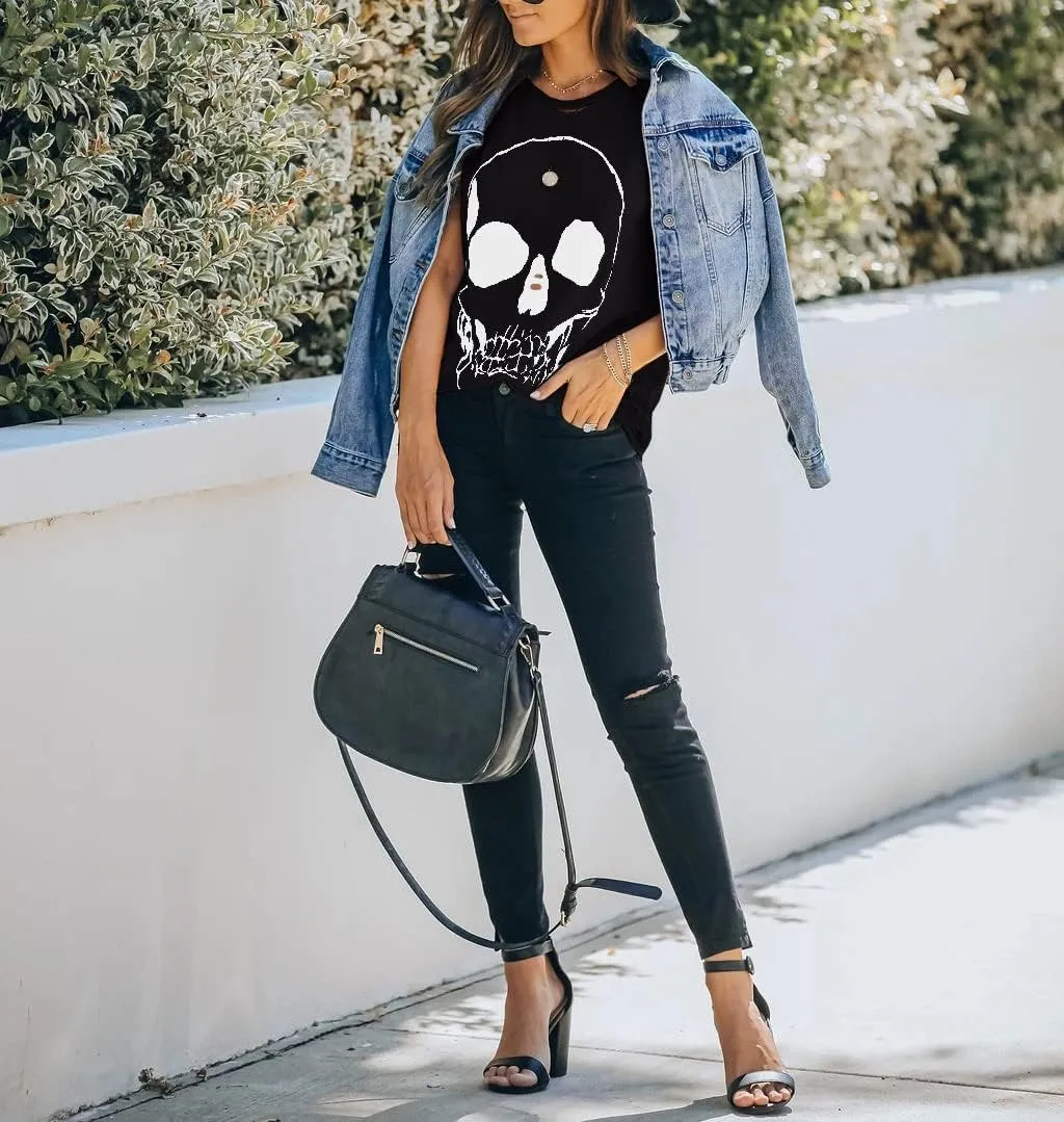 Veatzaer Summer Cotton Graphic Shirts Womens Short Sleeve Crewneck Tees Skull Distressed T Shirt Loose Casual Tops S-XXL