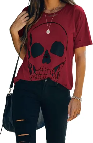 Veatzaer Summer Cotton Graphic Shirts Womens Short Sleeve Crewneck Tees Skull Distressed T Shirt Loose Casual Tops S-XXL