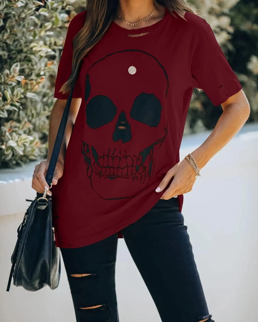 Veatzaer Summer Cotton Graphic Shirts Womens Short Sleeve Crewneck Tees Skull Distressed T Shirt Loose Casual Tops S-XXL