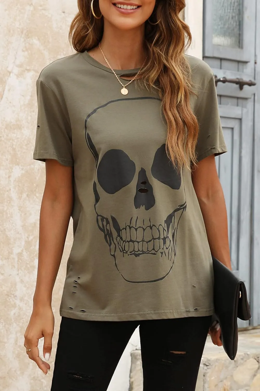 Veatzaer Summer Cotton Graphic Shirts Womens Short Sleeve Crewneck Tees Skull Distressed T Shirt Loose Casual Tops S-XXL