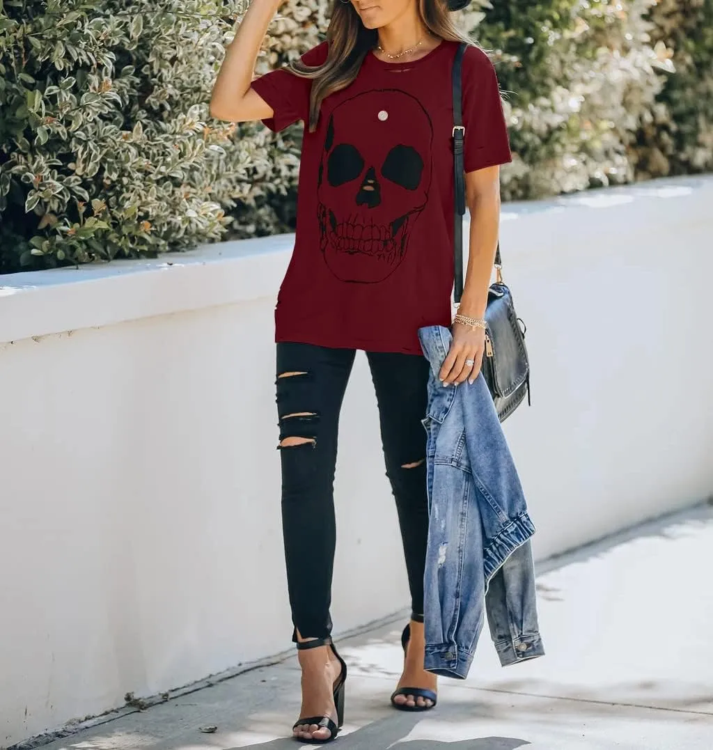 Veatzaer Summer Cotton Graphic Shirts Womens Short Sleeve Crewneck Tees Skull Distressed T Shirt Loose Casual Tops S-XXL