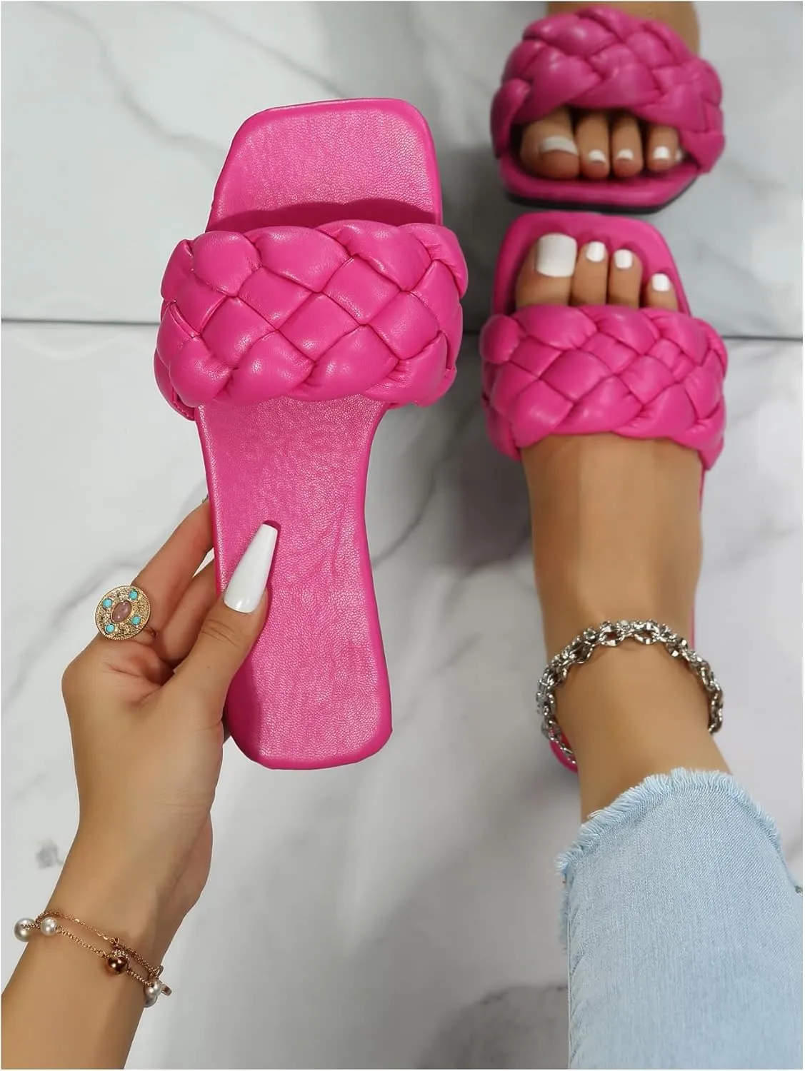 Verdusa Women's Braided Sandals Square Open Toe Slides Sandals Summer Shoes