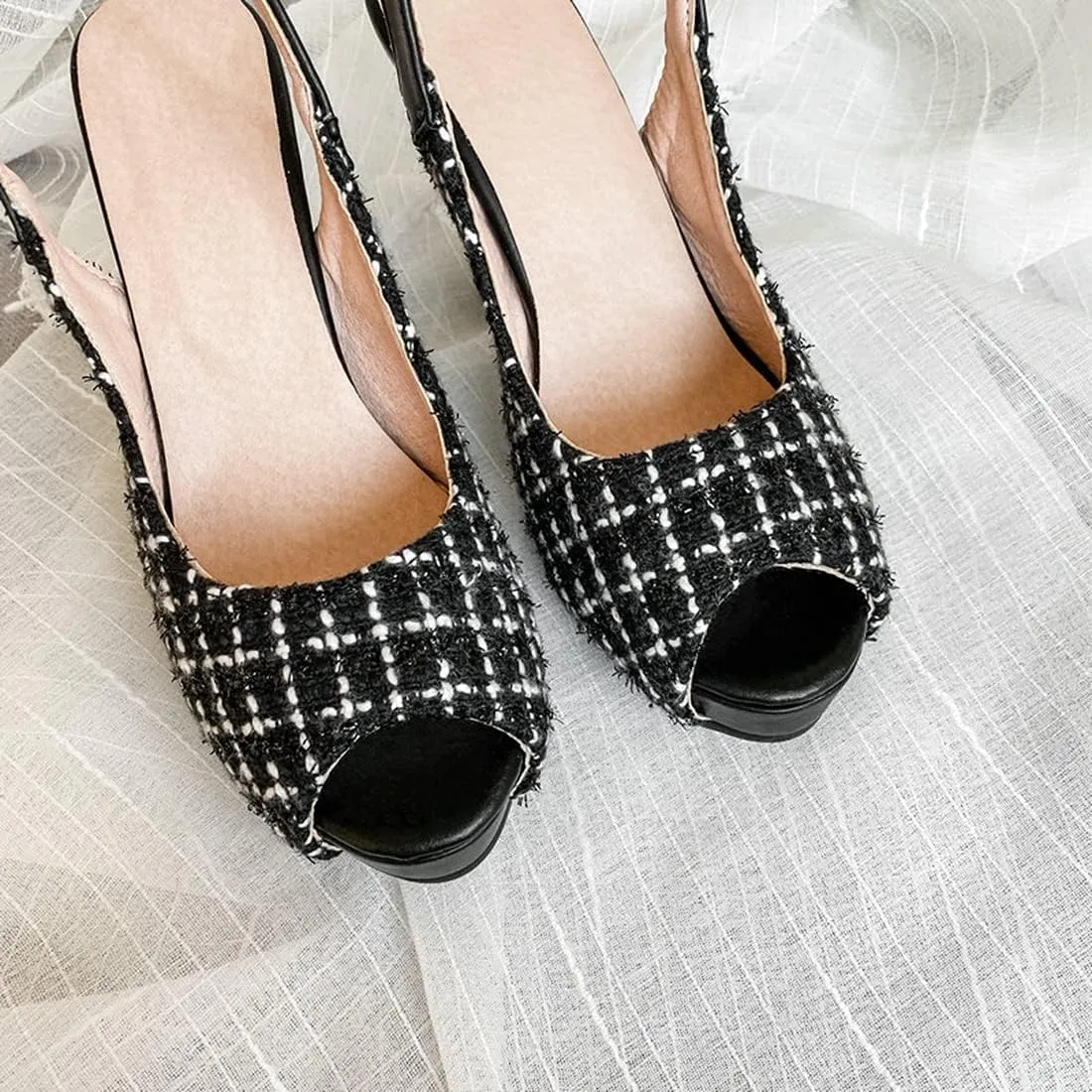 VOKLIN Women's Fashion Plaid Platform Chunky High Heel Sandals Peep Toe Slingback Pump Dressy Heeled Sandal