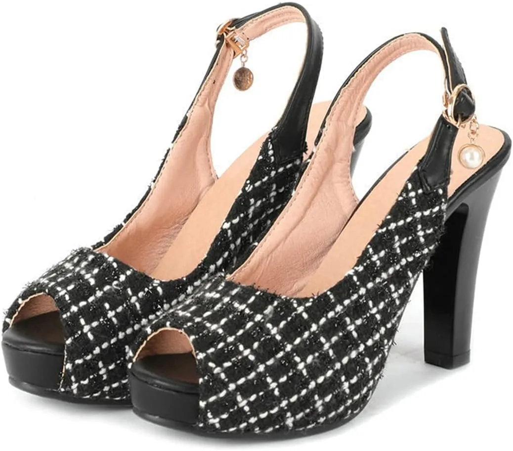 VOKLIN Women's Fashion Plaid Platform Chunky High Heel Sandals Peep Toe Slingback Pump Dressy Heeled Sandal
