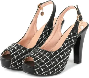 VOKLIN Women's Fashion Plaid Platform Chunky High Heel Sandals Peep Toe Slingback Pump Dressy Heeled Sandal