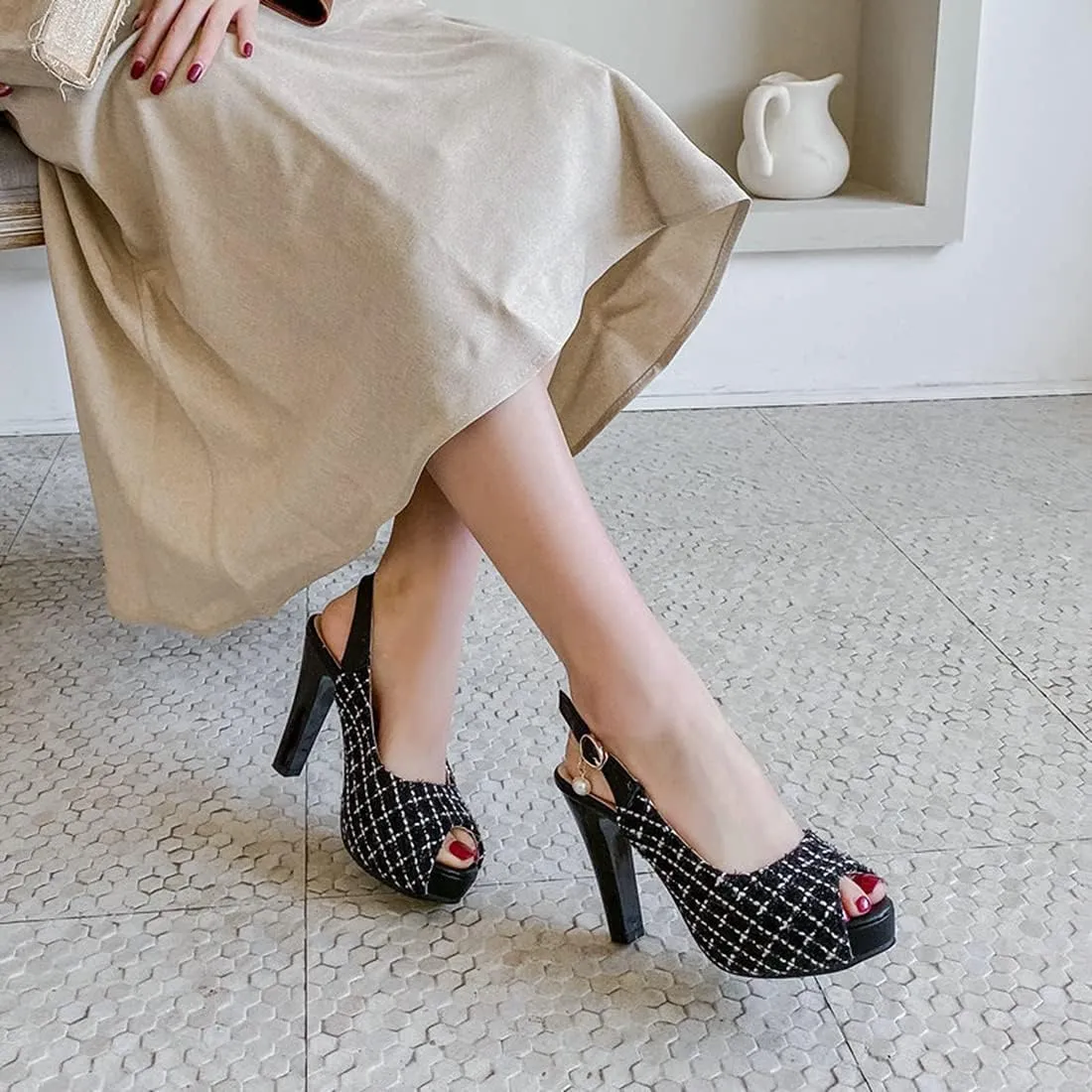 VOKLIN Women's Fashion Plaid Platform Chunky High Heel Sandals Peep Toe Slingback Pump Dressy Heeled Sandal