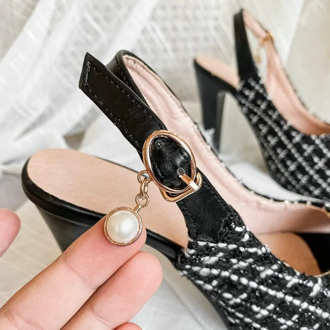 VOKLIN Women's Fashion Plaid Platform Chunky High Heel Sandals Peep Toe Slingback Pump Dressy Heeled Sandal