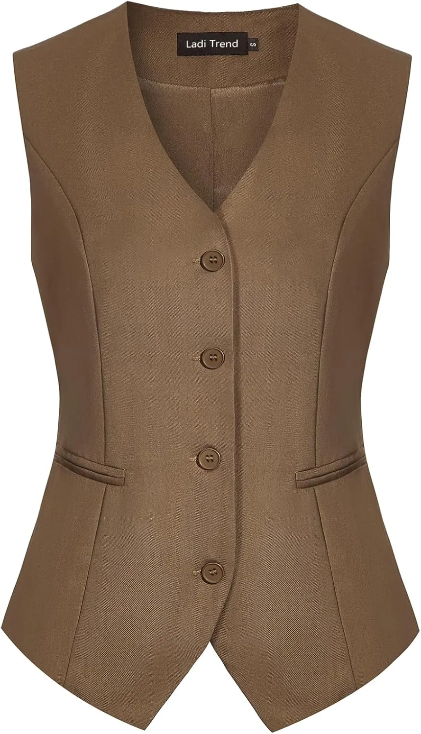 Waistcoat Vest for Women Fully Lined V-Neck Button Down Formal Fitted Dressy Suit Vest Coat with Pockets
