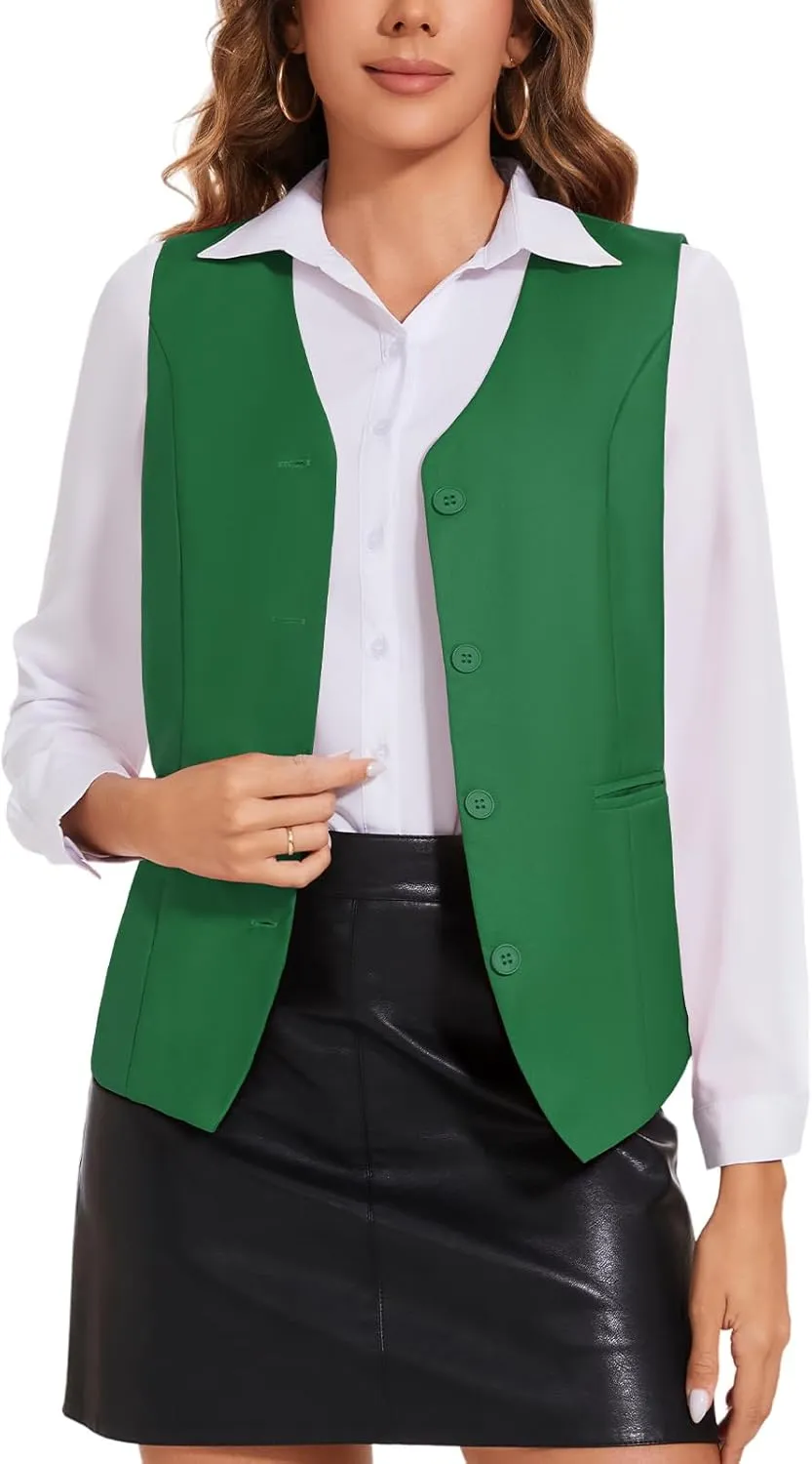 Waistcoat Vest for Women Fully Lined V-Neck Button Down Formal Fitted Dressy Suit Vest Coat with Pockets