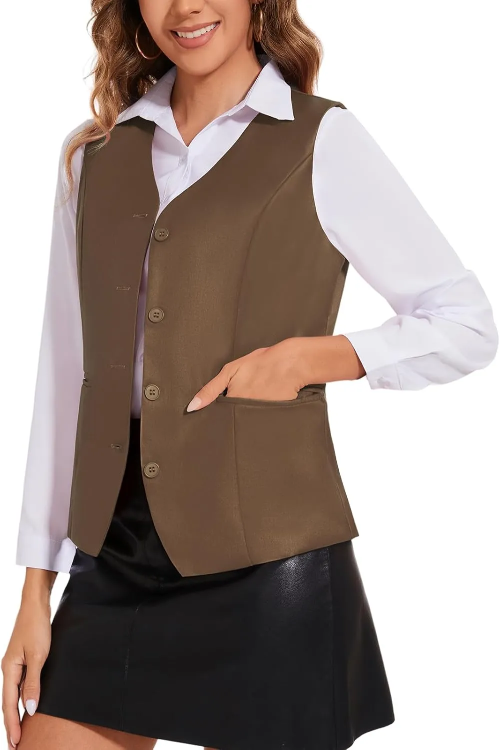 Waistcoat Vest for Women Fully Lined V-Neck Button Down Formal Fitted Dressy Suit Vest Coat with Pockets