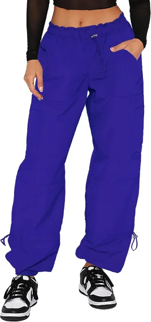 Waitfairy Cargo Pants Women Drawstring Elastic Waist Baggy Parachute Pants Woman Y2K Bottoms with Multiple Pockets