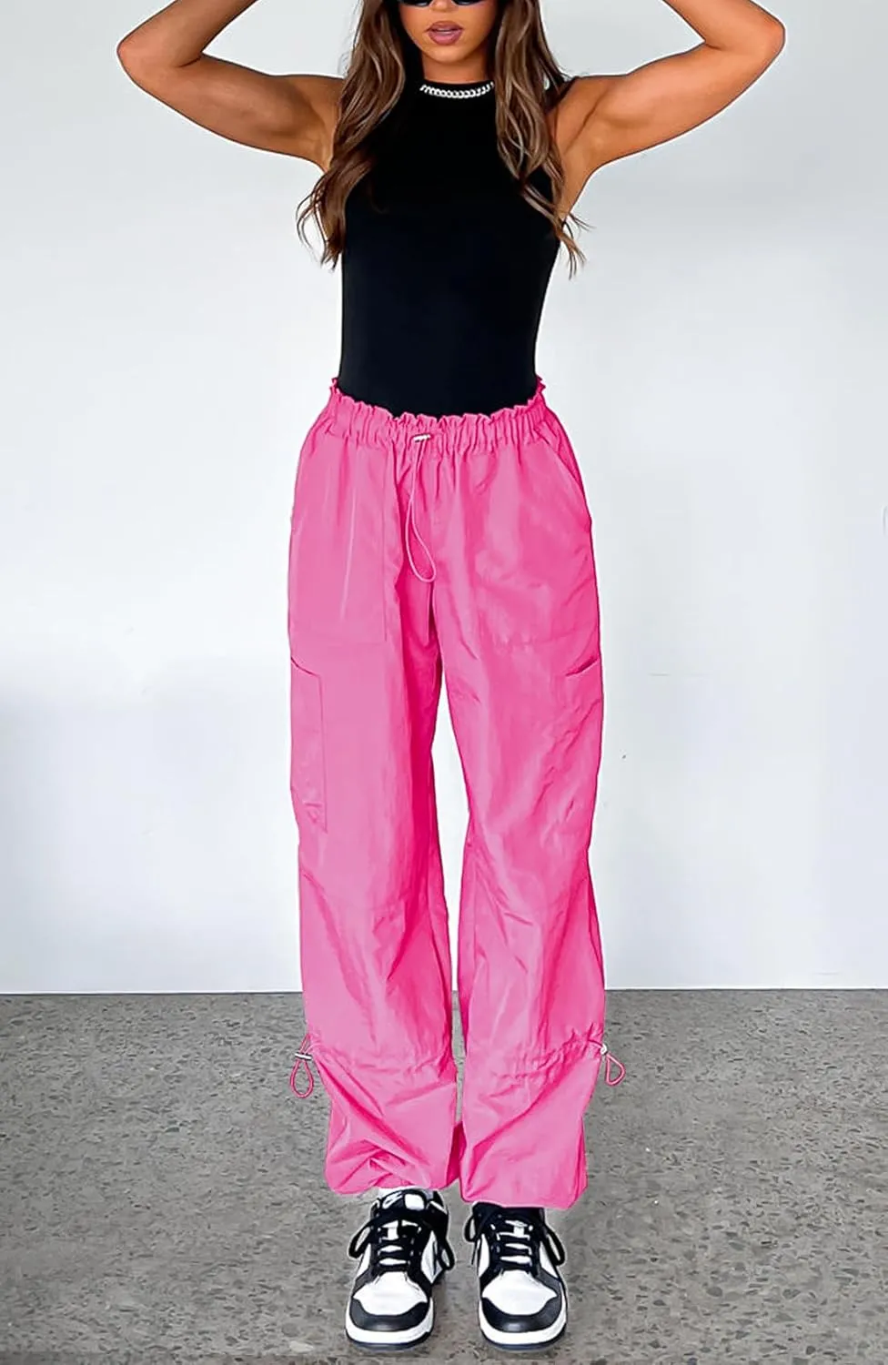 Waitfairy Cargo Pants Women Drawstring Elastic Waist Baggy Parachute Pants Woman Y2K Bottoms with Multiple Pockets