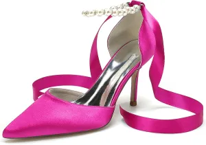 Wedding Bride Shoes Satin Pearl Pointed Toe Ribbon Women High Heels Pumps for Bridal/Prom/Evening/Cocktail/Bridesmaid/Party 8.5Cm