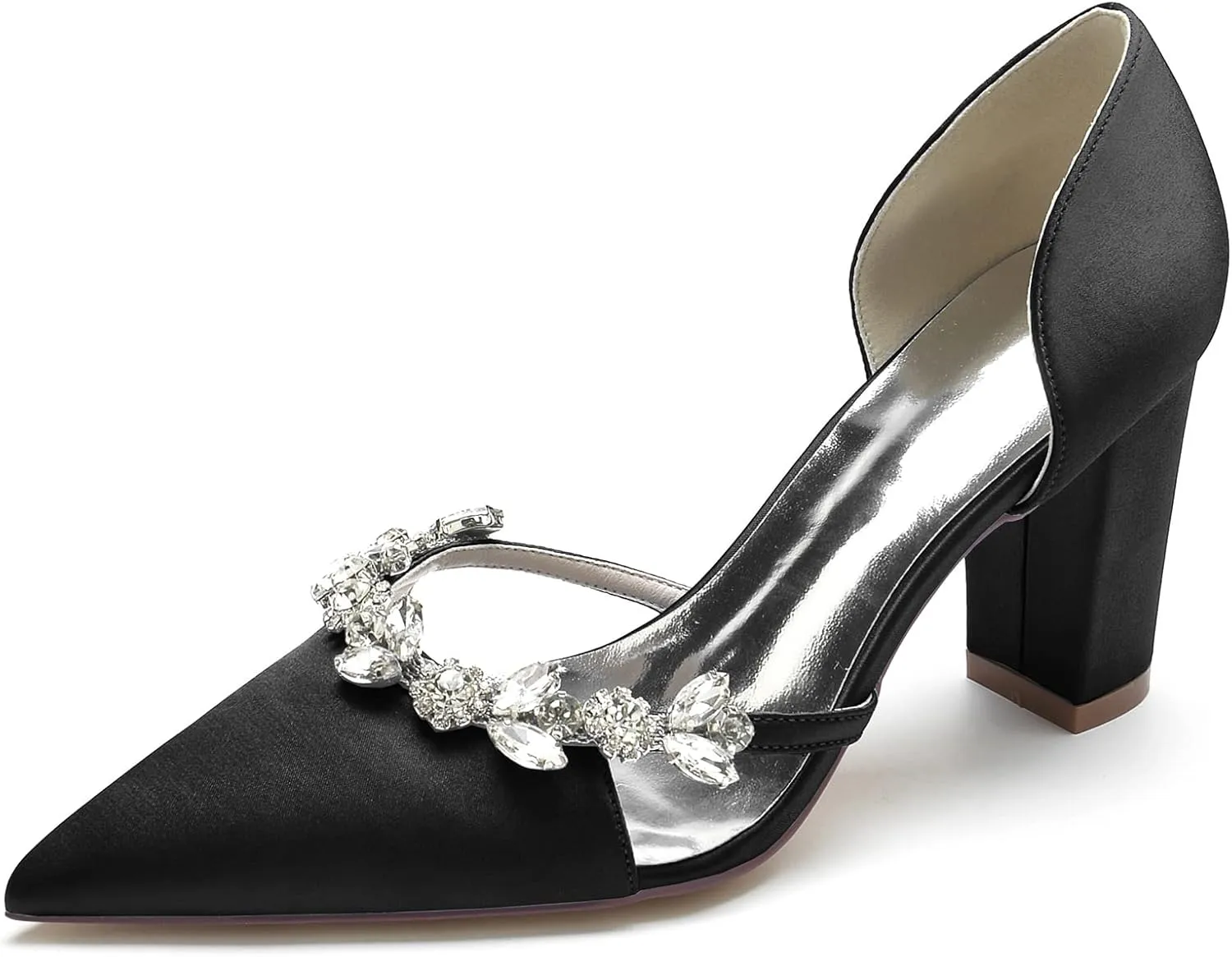 Wedding Bride Shoes Women's Pumps Chunky Heel Pointed Toe Silk Rhinestones Slip on High Heel Comfortable Dress Shoes 8.5Cm