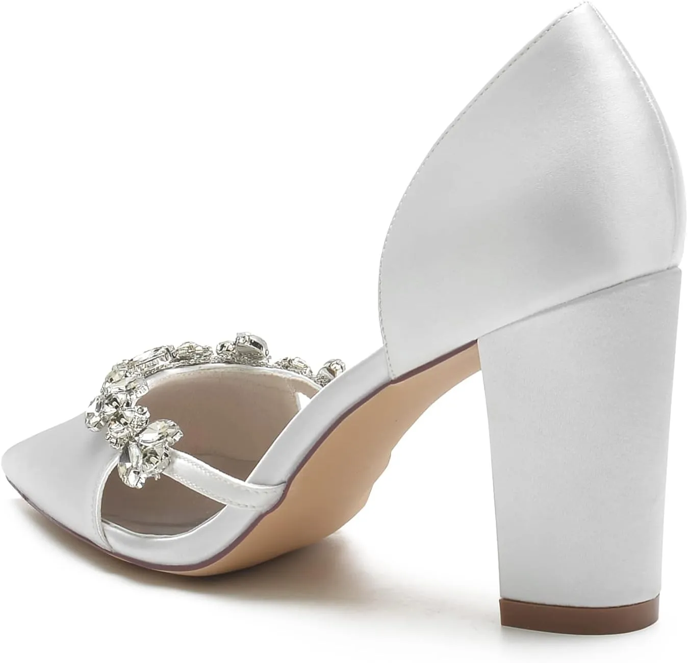 Wedding Bride Shoes Women's Pumps Chunky Heel Pointed Toe Silk Rhinestones Slip on High Heel Comfortable Dress Shoes 8.5Cm