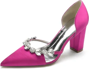 Wedding Bride Shoes Women's Pumps Chunky Heel Pointed Toe Silk Rhinestones Slip on High Heel Comfortable Dress Shoes 8.5Cm