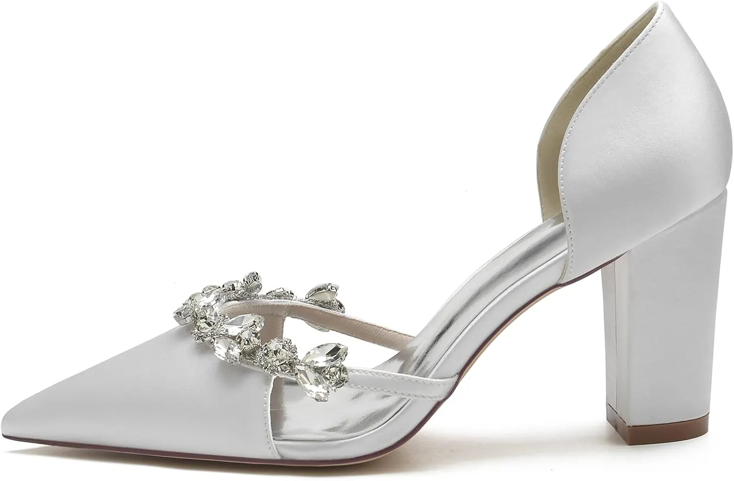 Wedding Bride Shoes Women's Pumps Chunky Heel Pointed Toe Silk Rhinestones Slip on High Heel Comfortable Dress Shoes 8.5Cm