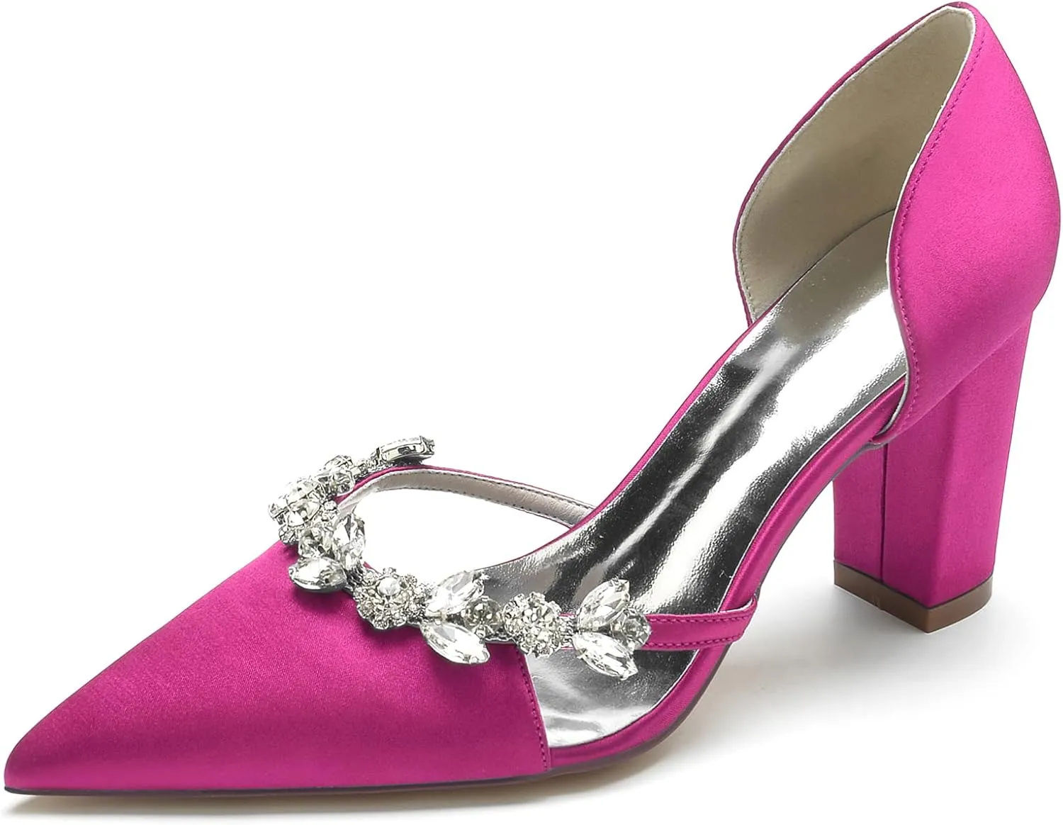 Wedding Bride Shoes Women's Pumps Chunky Heel Pointed Toe Silk Rhinestones Slip on High Heel Comfortable Dress Shoes 8.5Cm