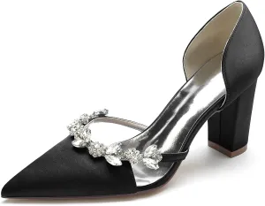 Wedding Bride Shoes Women's Pumps Chunky Heel Pointed Toe Silk Rhinestones Slip on High Heel Comfortable Dress Shoes 8.5Cm
