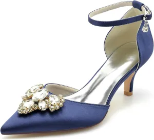Wedding Shoes for Bride Glitter Wedding Women Ankle Strap Bridal Shoes Closed Toe Crystal Pointed Mid Heel