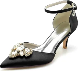 Wedding Shoes for Bride Glitter Wedding Women Ankle Strap Bridal Shoes Closed Toe Crystal Pointed Mid Heel