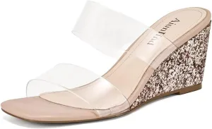 Wedge Sandals for Women Square Open Toe Wedge Heels Clear Two Strap Slip on Sandals Glitter Heels Transparent Slides Shoes