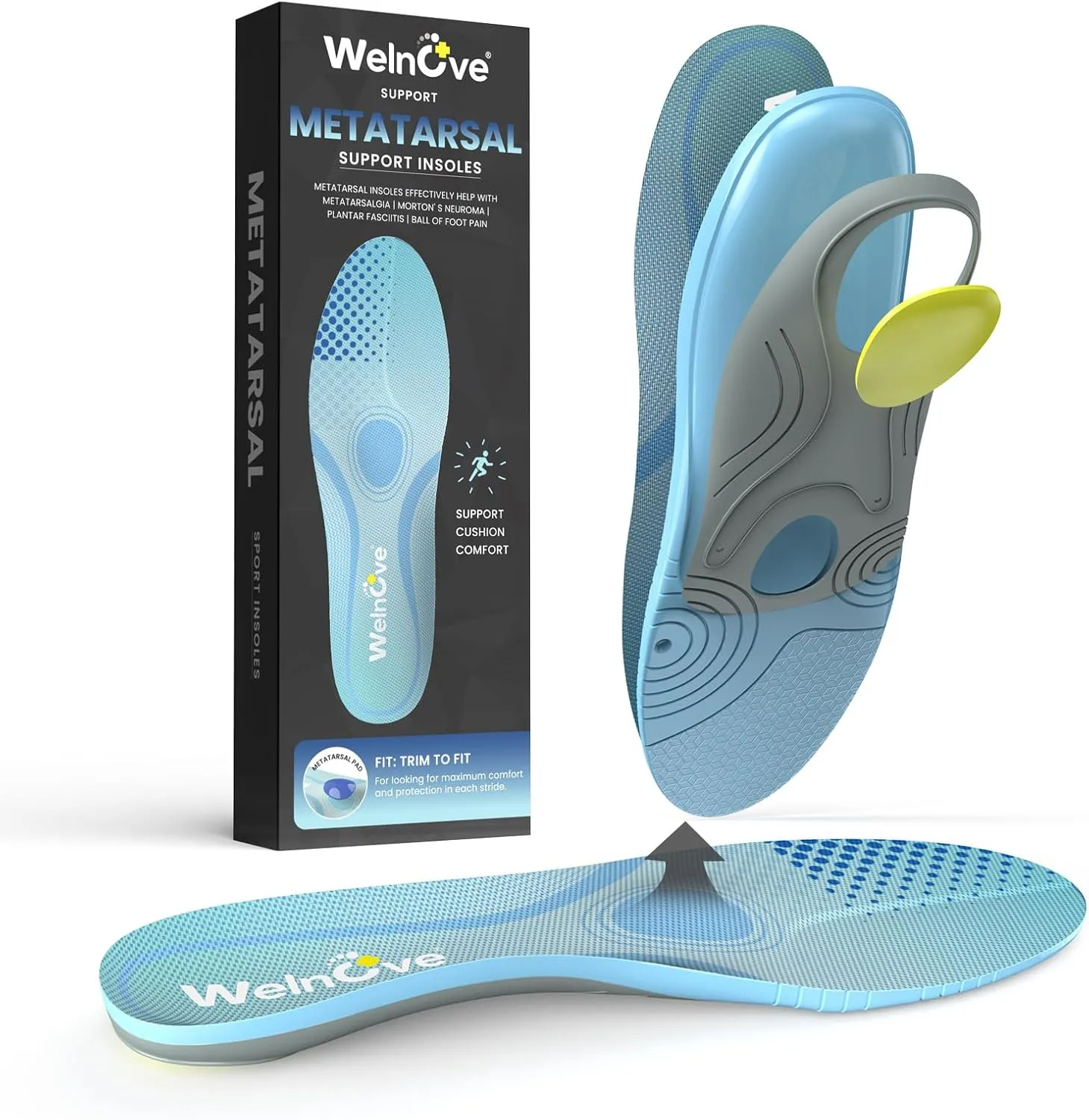 Welnove Orthotic Insoles for Morton's Neuroma - Metatarsalgia & Heel Spur Relief, Arch Support Inserts for Men & Women, Gel Cushioned for All-Day Comfort- 8-9 Men, 10-11 Women
