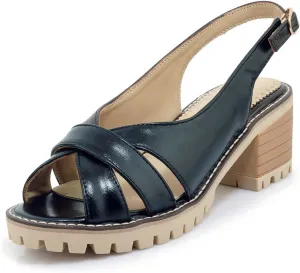 WENOREG Women's Denim Open Toe Crossover Strap Chunky Heel Sandals,Fish Mouth Backless Denim Adjustable Ankle Strape Comfortable Slip on Mid Heels Dress Shoes