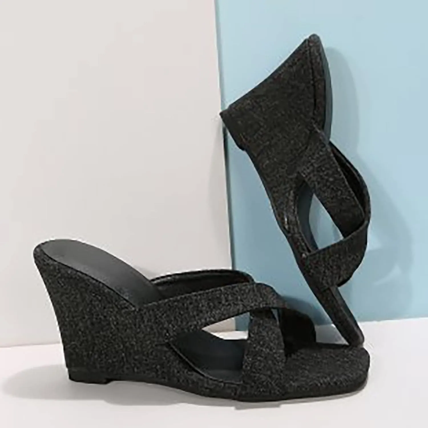 WENOREG Women's Square Toe Crossover Strap Platforms Wedge Sandals,Summer Fashion Open Toe Denim Comfortable Slip On Casual High Heels Sandals Dress Heels Wedges Slippers