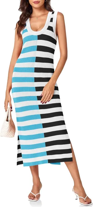 Wenrine Womens Summer Striped Dress Sleeveless Knitted Contrast Color Side Slit Casual Maxi Beach Dress