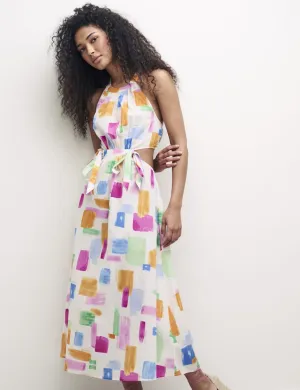 White Watercolour Halter Neck Christina Midi Dress