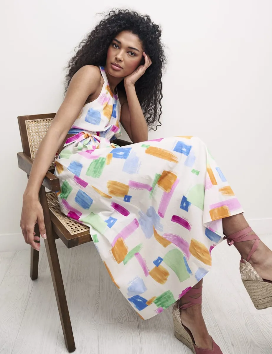 White Watercolour Halter Neck Christina Midi Dress