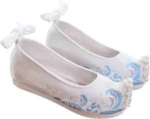 Women Chinese Style Shoes Silk Flats Vintage Pearl Mary Jane